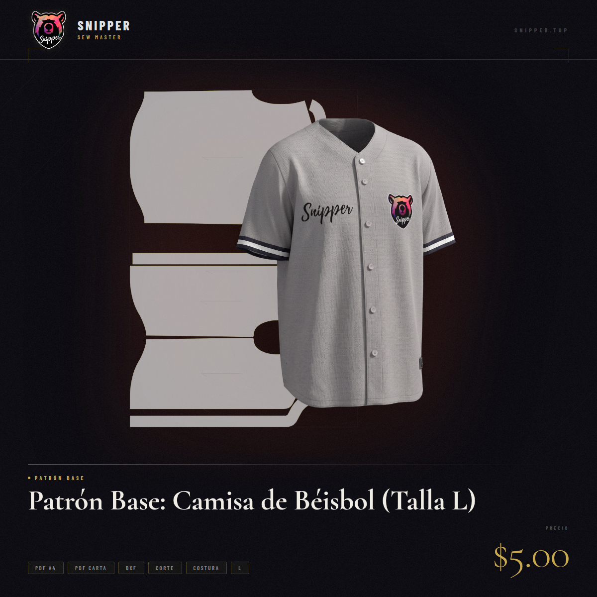 patrón base camisa béisbol talla l