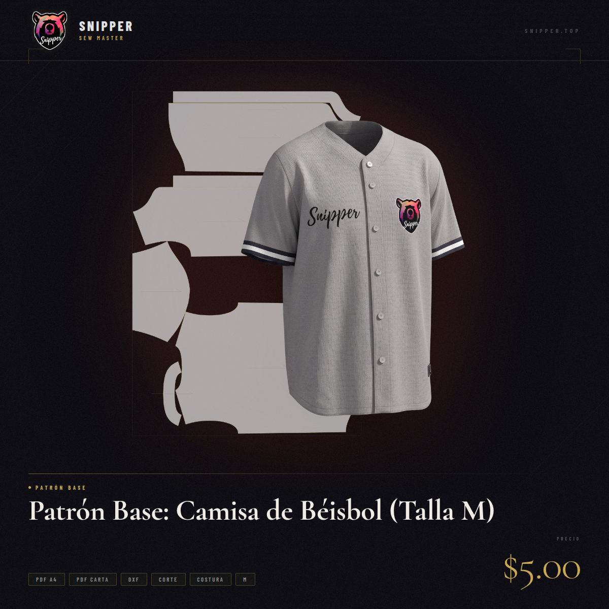 patrón base camisa béisbol talla m