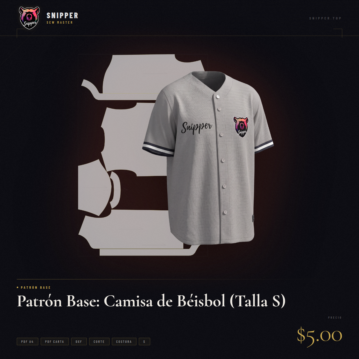 patrón base camisa béisbol talla s