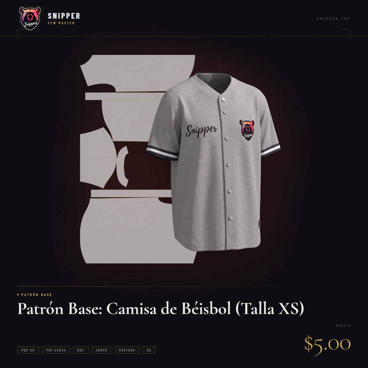 patrón base camisa béisbol talla xs