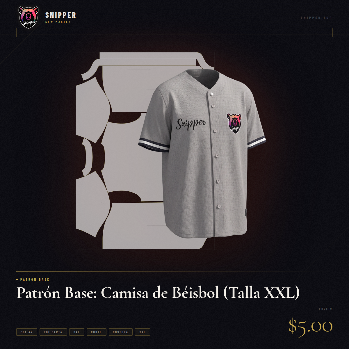 patrón base camisa béisbol talla xxl