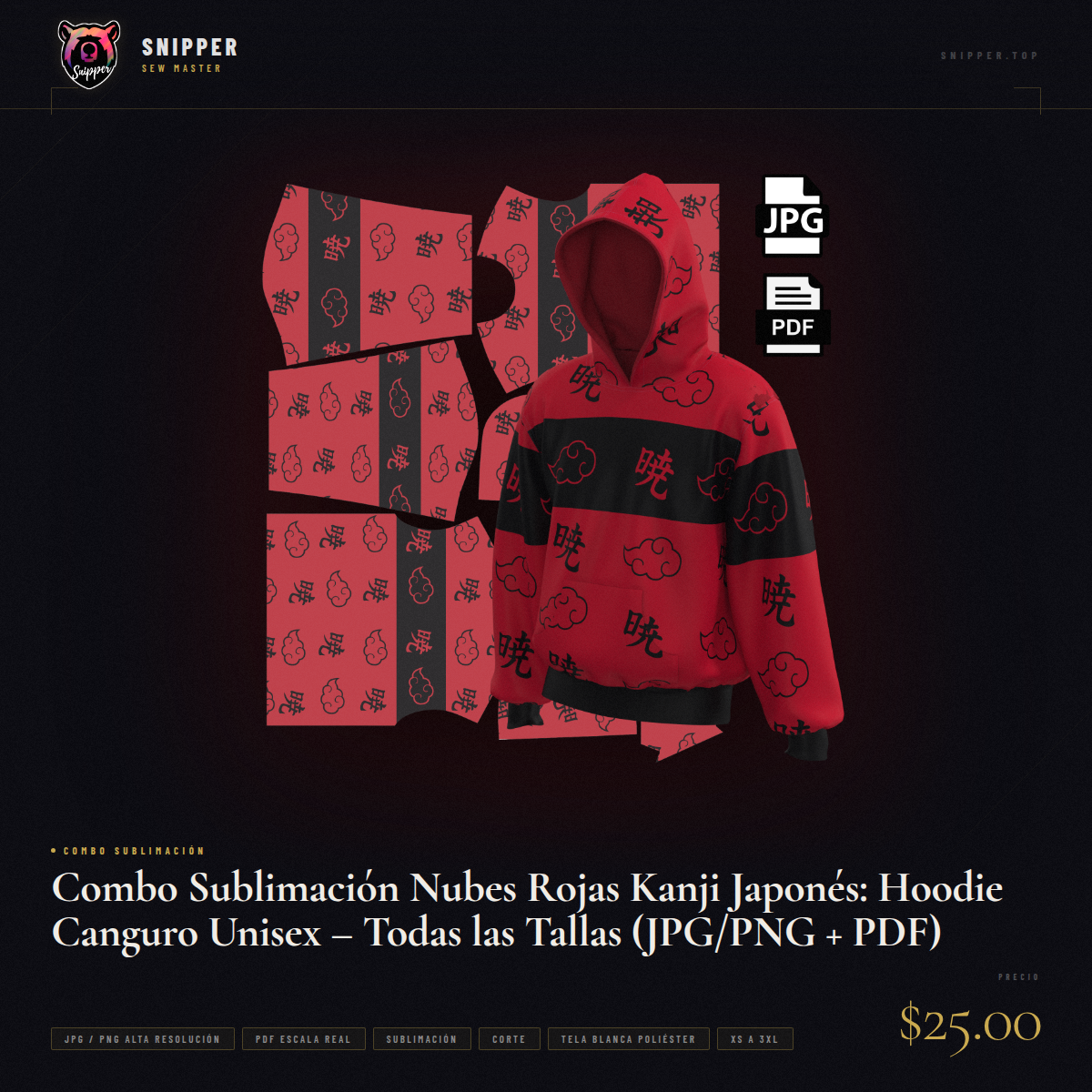 Combo Sublimación Nubes Rojas Kanji Japonés: Hoodie Canguro Unisex – Todas las Tallas (JPG/PNG + PDF) - Image 11