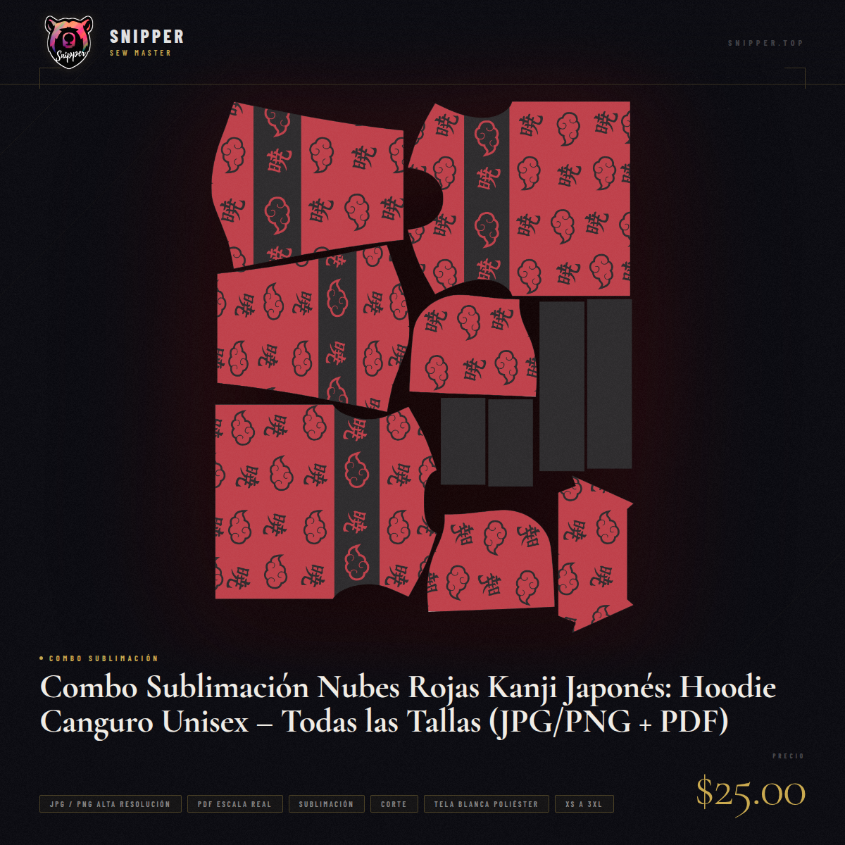 Combo Sublimación Nubes Rojas Kanji Japonés: Hoodie Canguro Unisex – Todas las Tallas (JPG/PNG + PDF) - Image 12