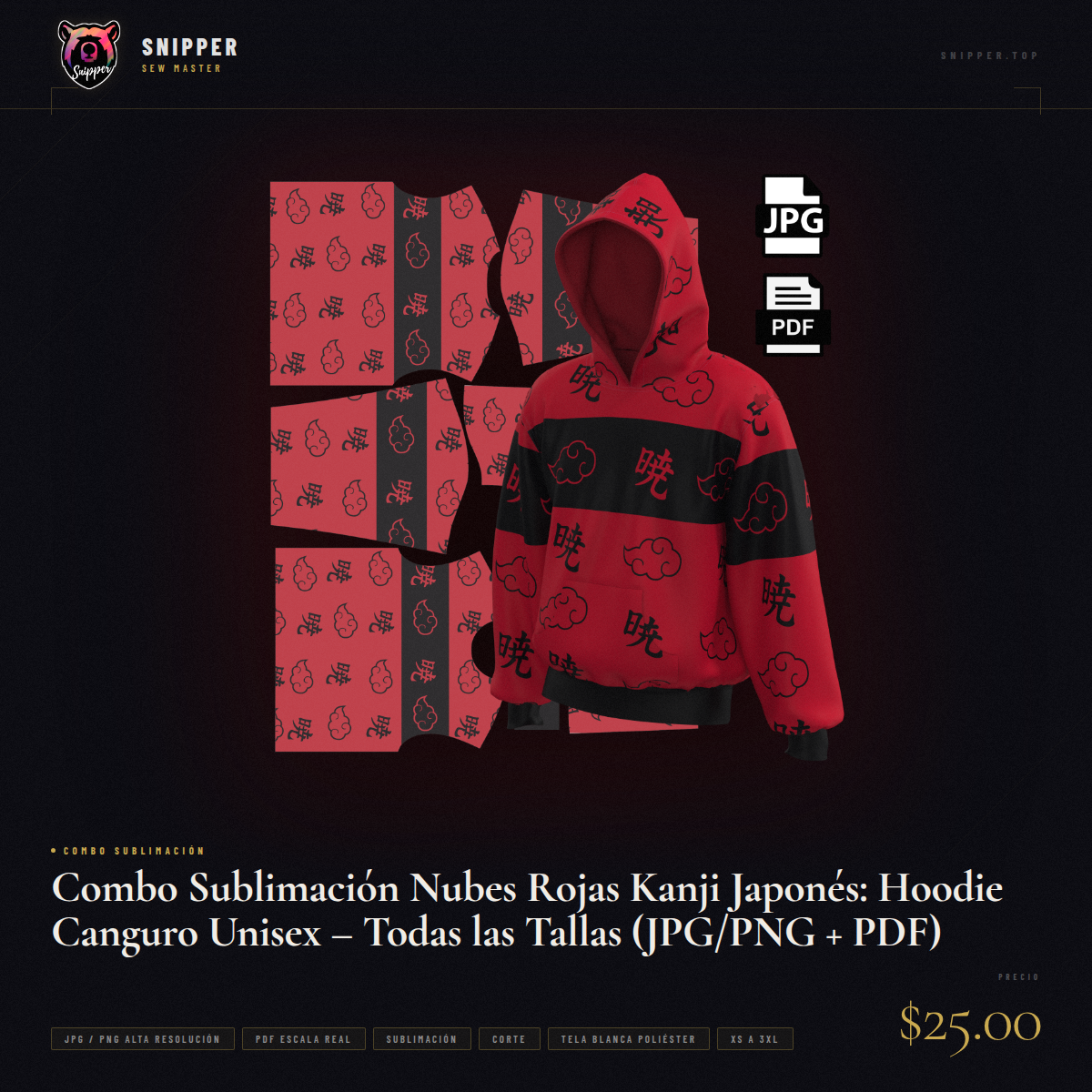 Combo Sublimación Nubes Rojas Kanji Japonés: Hoodie Canguro Unisex – Todas las Tallas (JPG/PNG + PDF) - Image 13