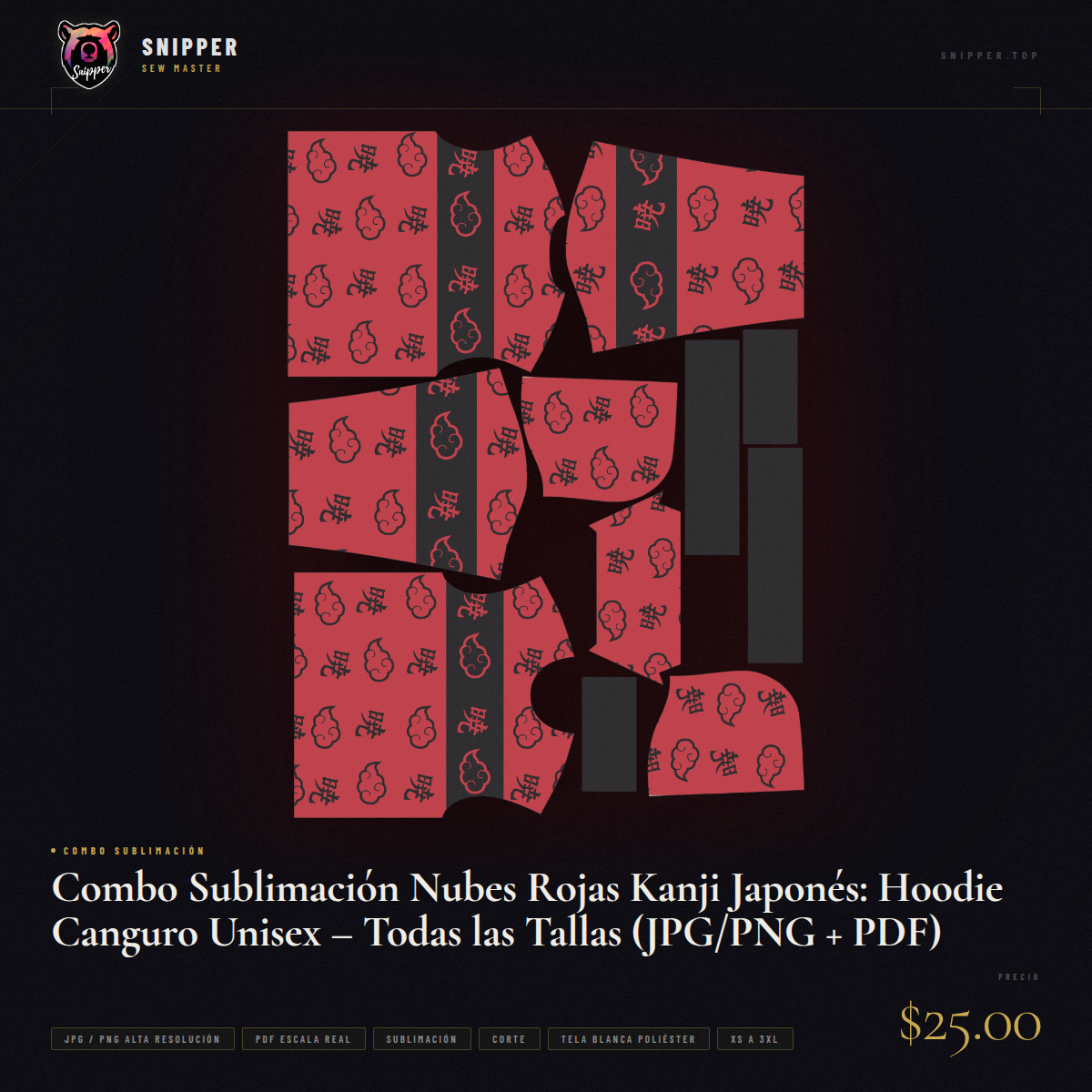 Combo Sublimación Nubes Rojas Kanji Japonés: Hoodie Canguro Unisex – Todas las Tallas (JPG/PNG + PDF) - Image 14