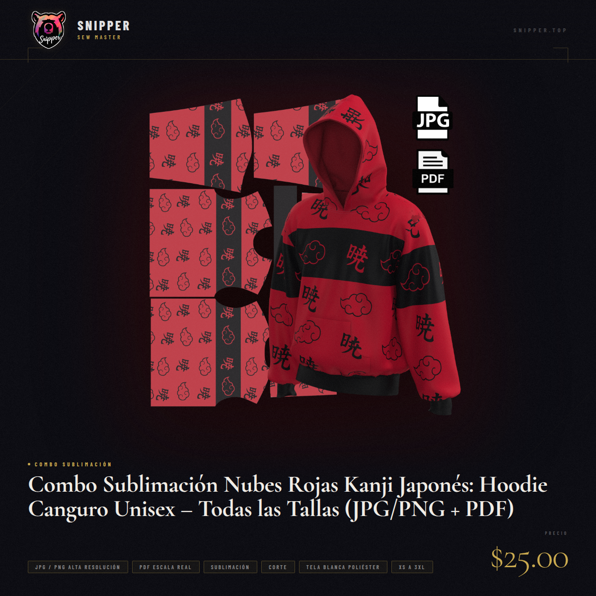 Combo Sublimación Nubes Rojas Kanji Japonés: Hoodie Canguro Unisex – Todas las Tallas (JPG/PNG + PDF) - Image 15