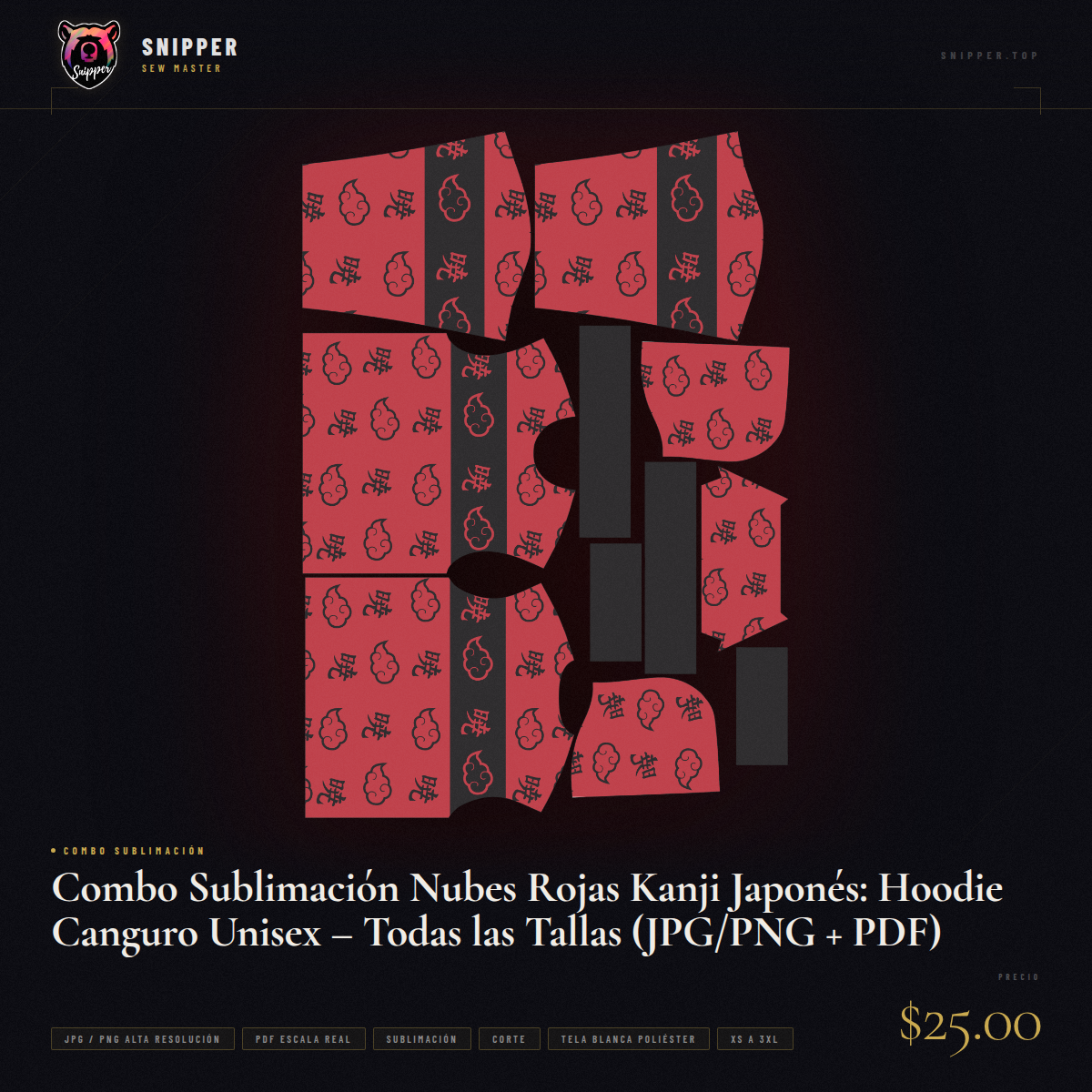Combo Sublimación Nubes Rojas Kanji Japonés: Hoodie Canguro Unisex – Todas las Tallas (JPG/PNG + PDF) - Image 16