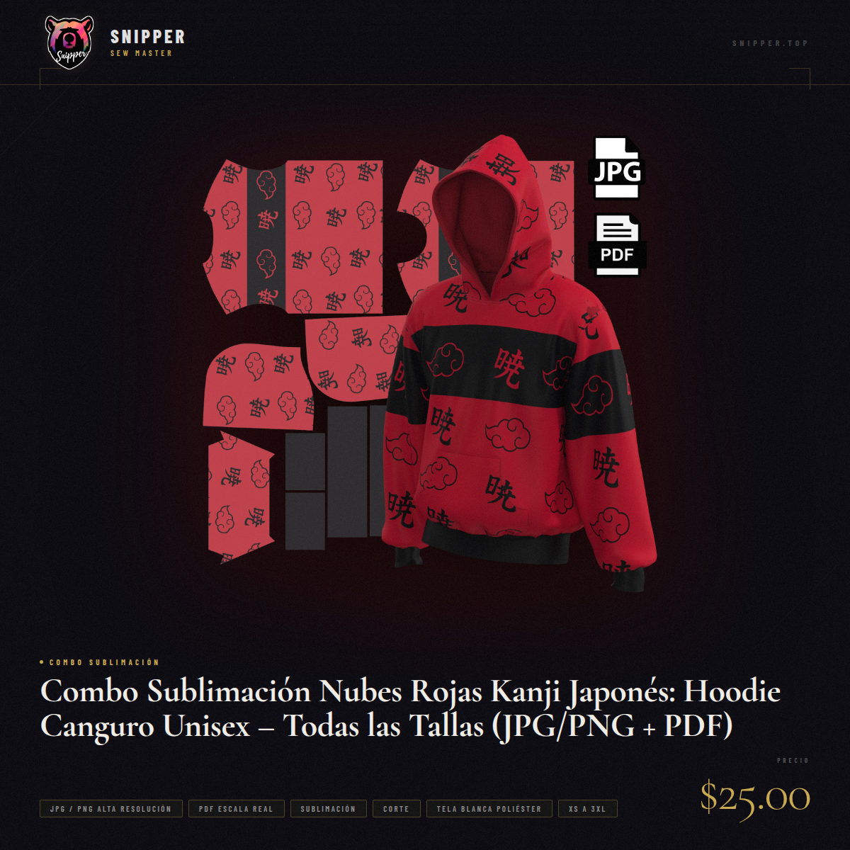 Combo Sublimación Nubes Rojas Kanji Japonés: Hoodie Canguro Unisex – Todas las Tallas (JPG/PNG + PDF) - Image 5