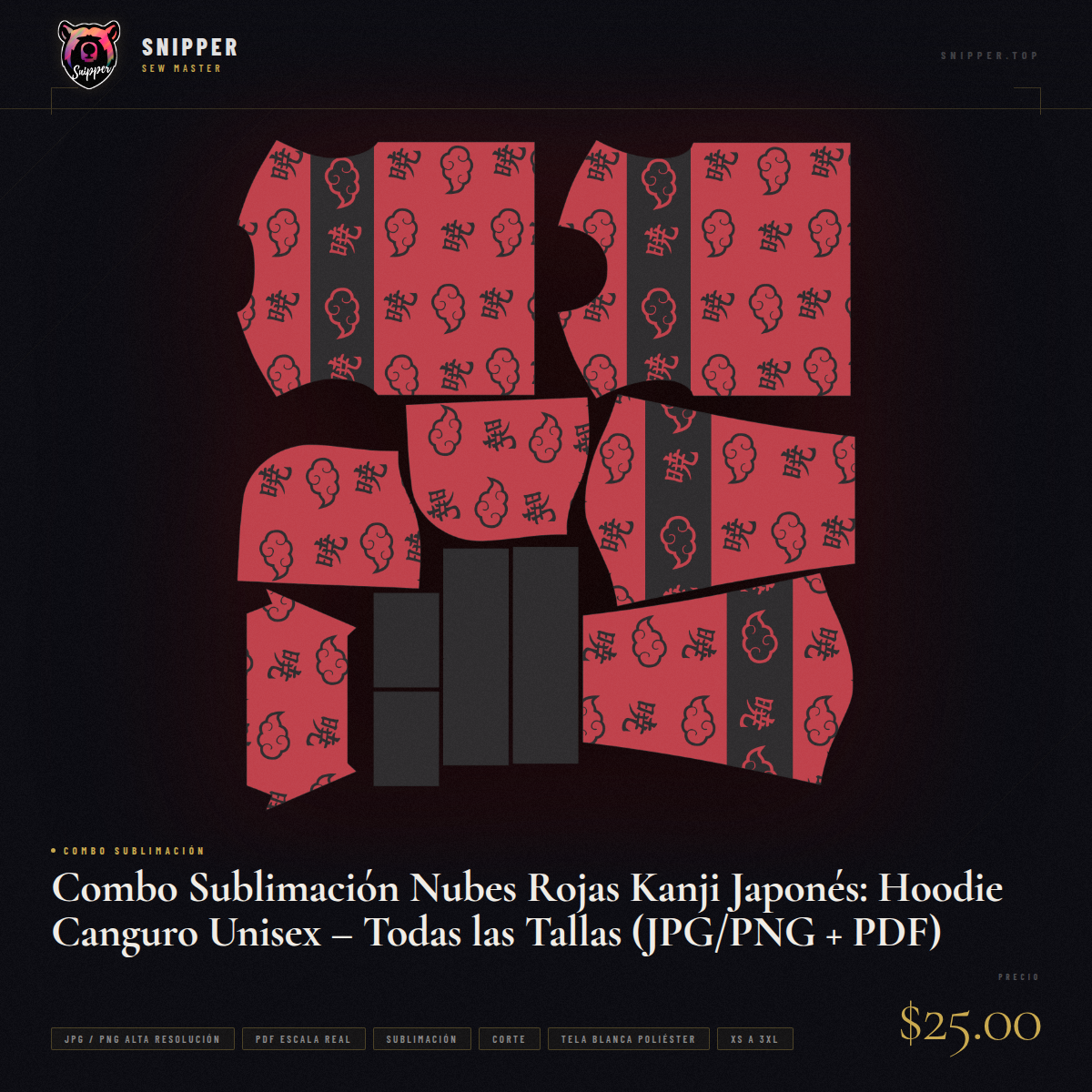 Combo Sublimación Nubes Rojas Kanji Japonés: Hoodie Canguro Unisex – Todas las Tallas (JPG/PNG + PDF) - Image 6