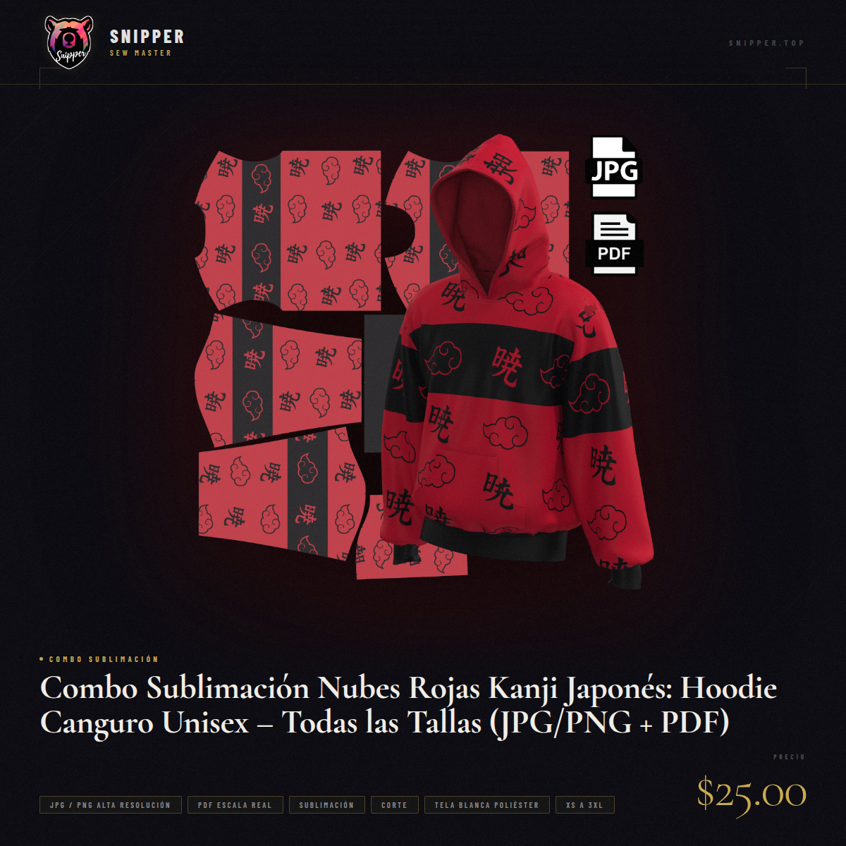 Combo Sublimación Nubes Rojas Kanji Japonés: Hoodie Canguro Unisex – Todas las Tallas (JPG/PNG + PDF) - Image 7