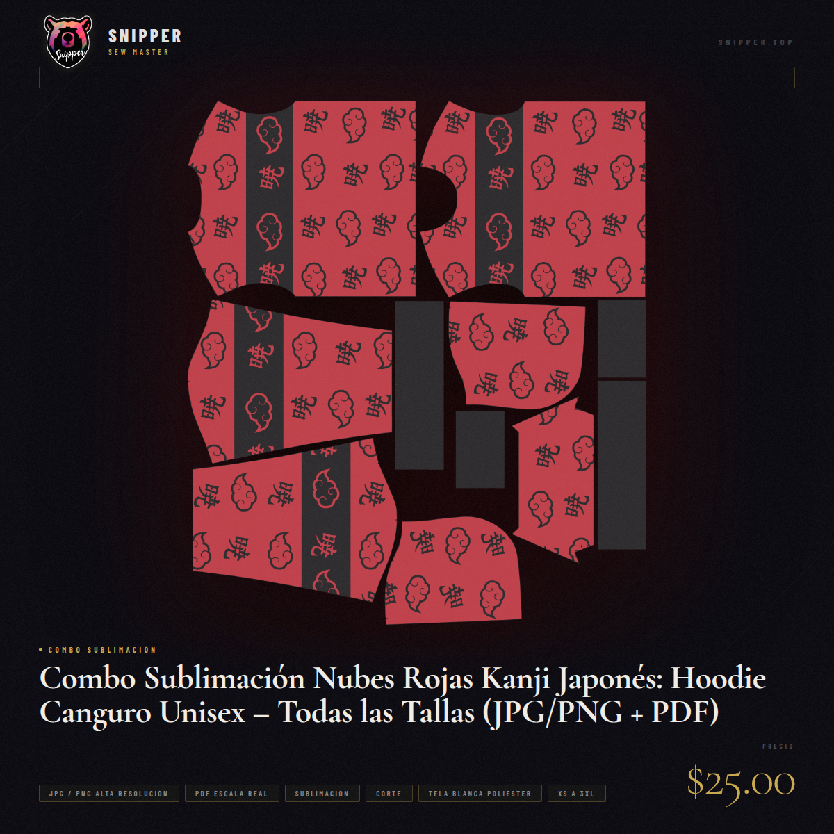 Combo Sublimación Nubes Rojas Kanji Japonés: Hoodie Canguro Unisex – Todas las Tallas (JPG/PNG + PDF) - Image 8