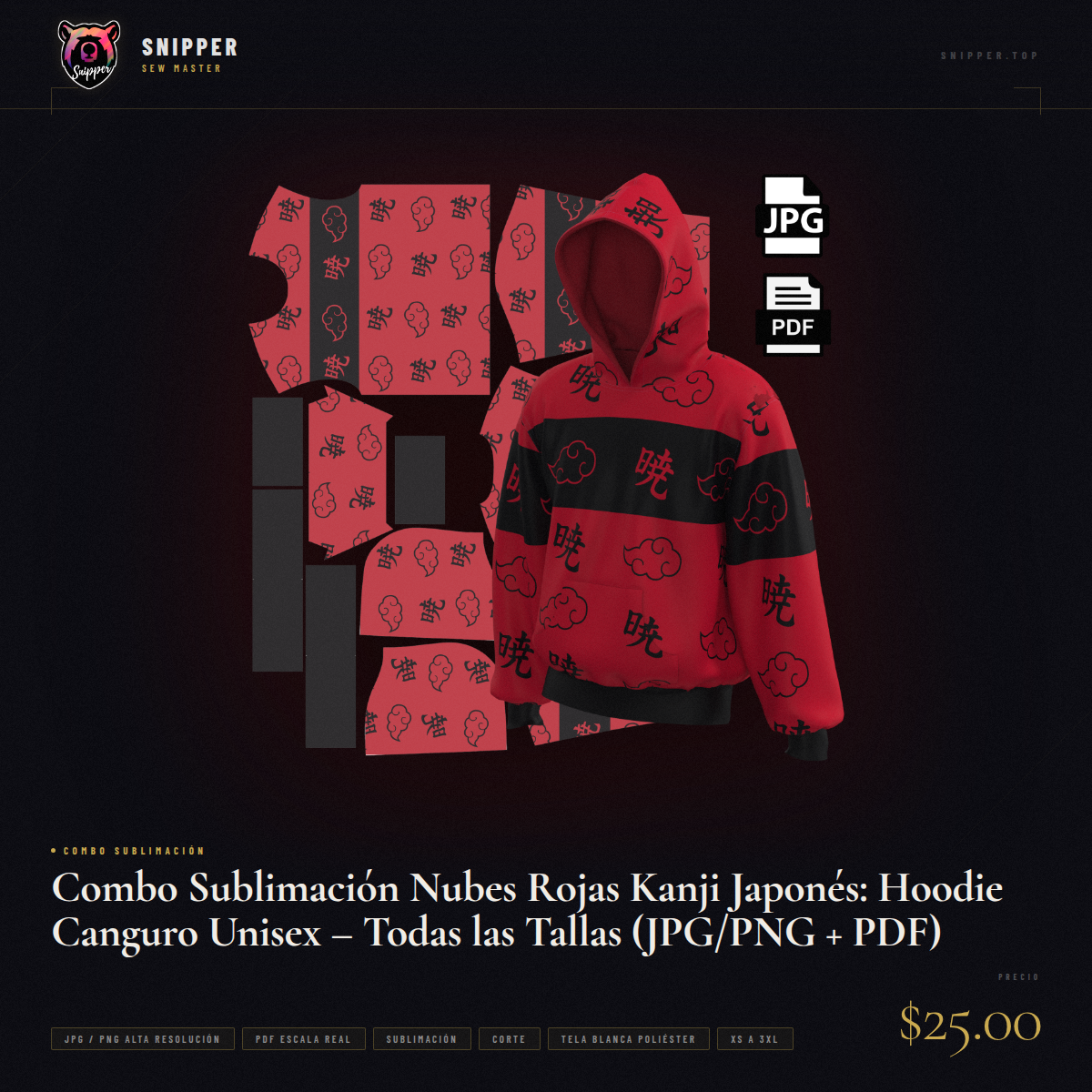 Combo Sublimación Nubes Rojas Kanji Japonés: Hoodie Canguro Unisex – Todas las Tallas (JPG/PNG + PDF) - Image 9
