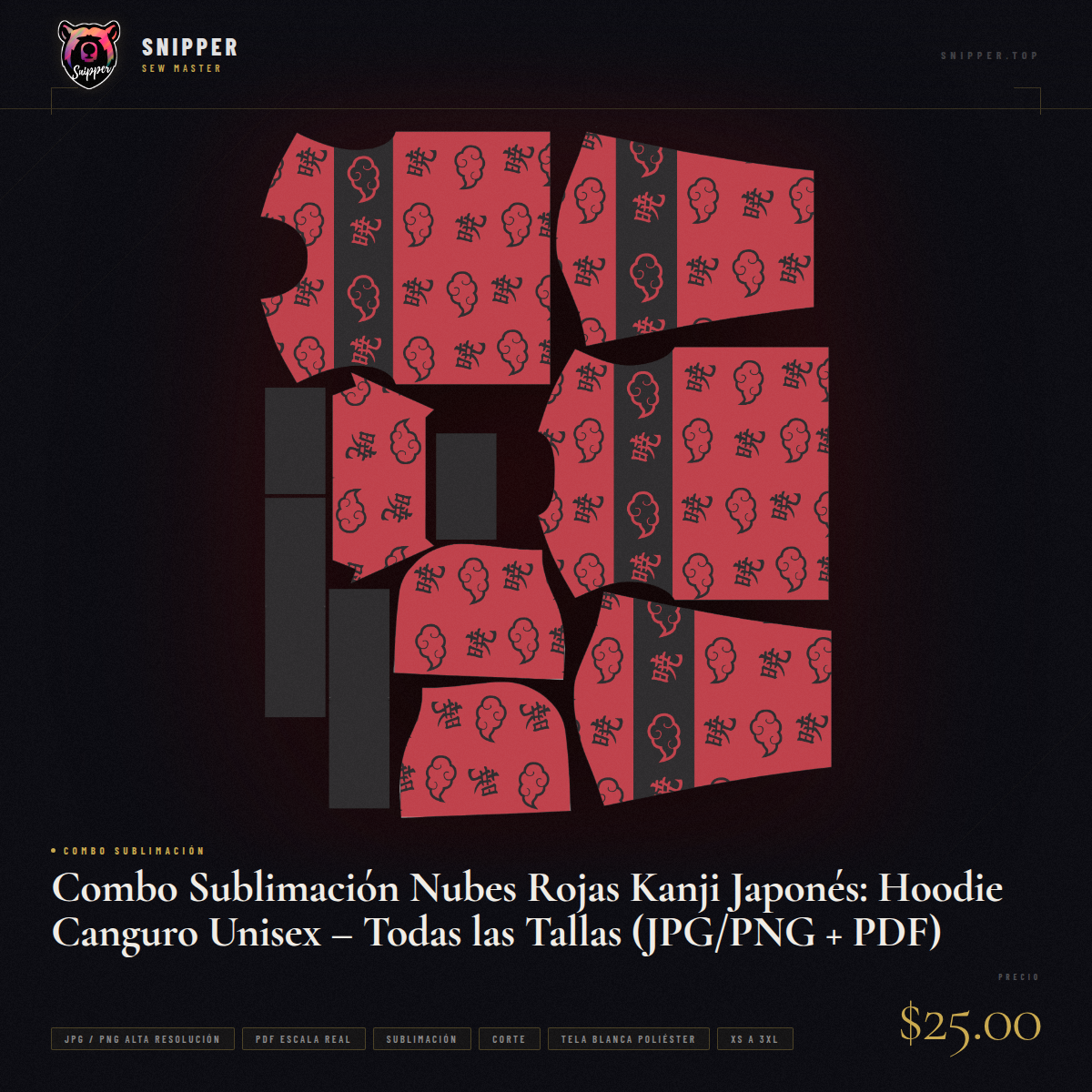 Combo Sublimación Nubes Rojas Kanji Japonés: Hoodie Canguro Unisex – Todas las Tallas (JPG/PNG + PDF) - Image 10