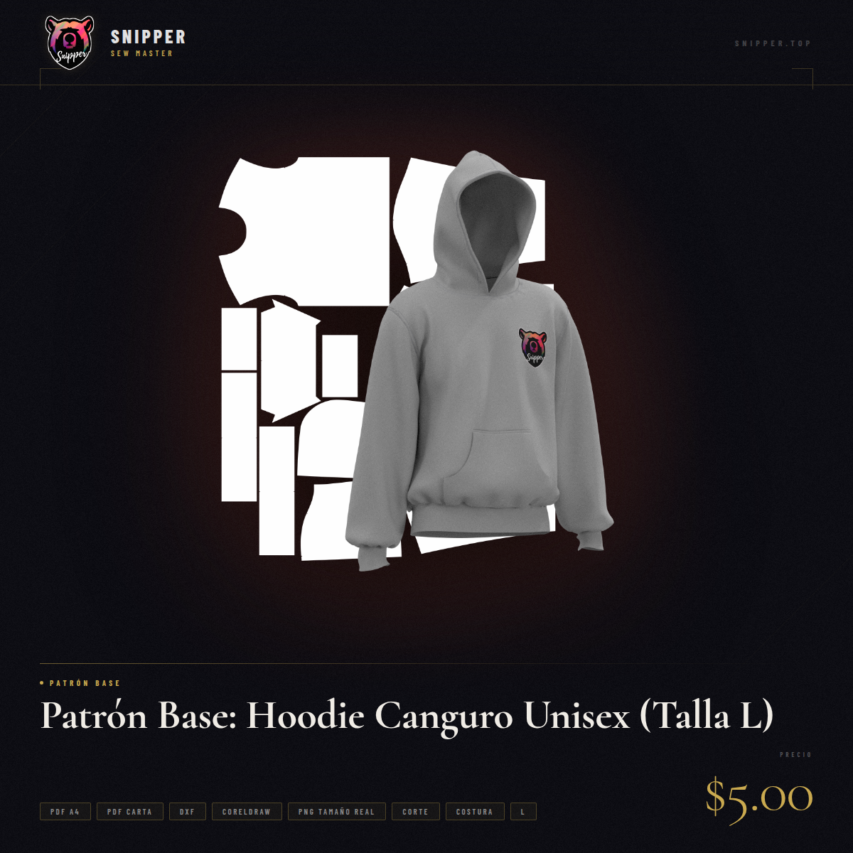 patrón base hoodie canguro talla l
