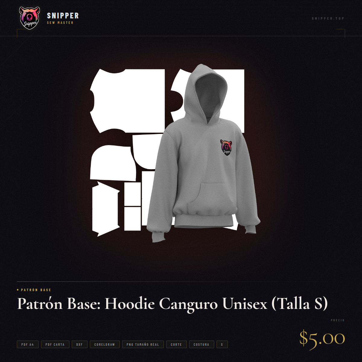 patrón base hoodie canguro talla s