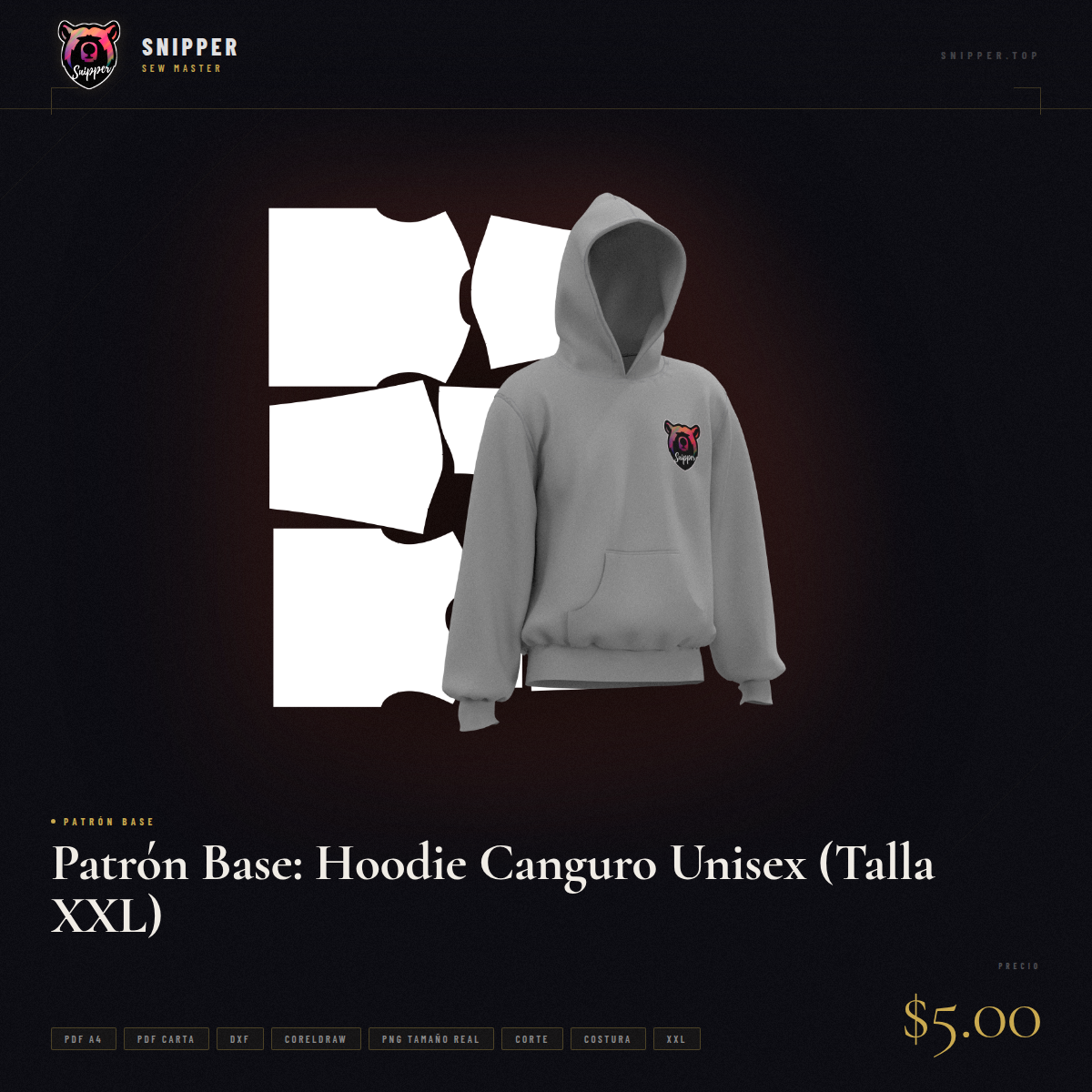 patrón base hoodie canguro talla xxl