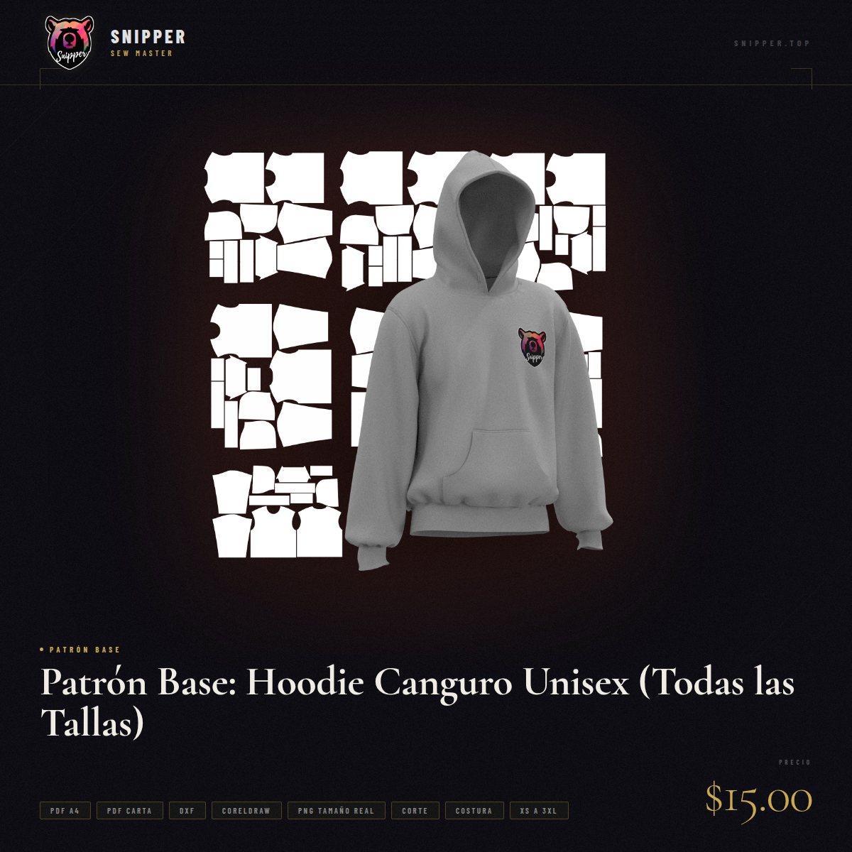 patrón base hoodie canguro todas las tallas