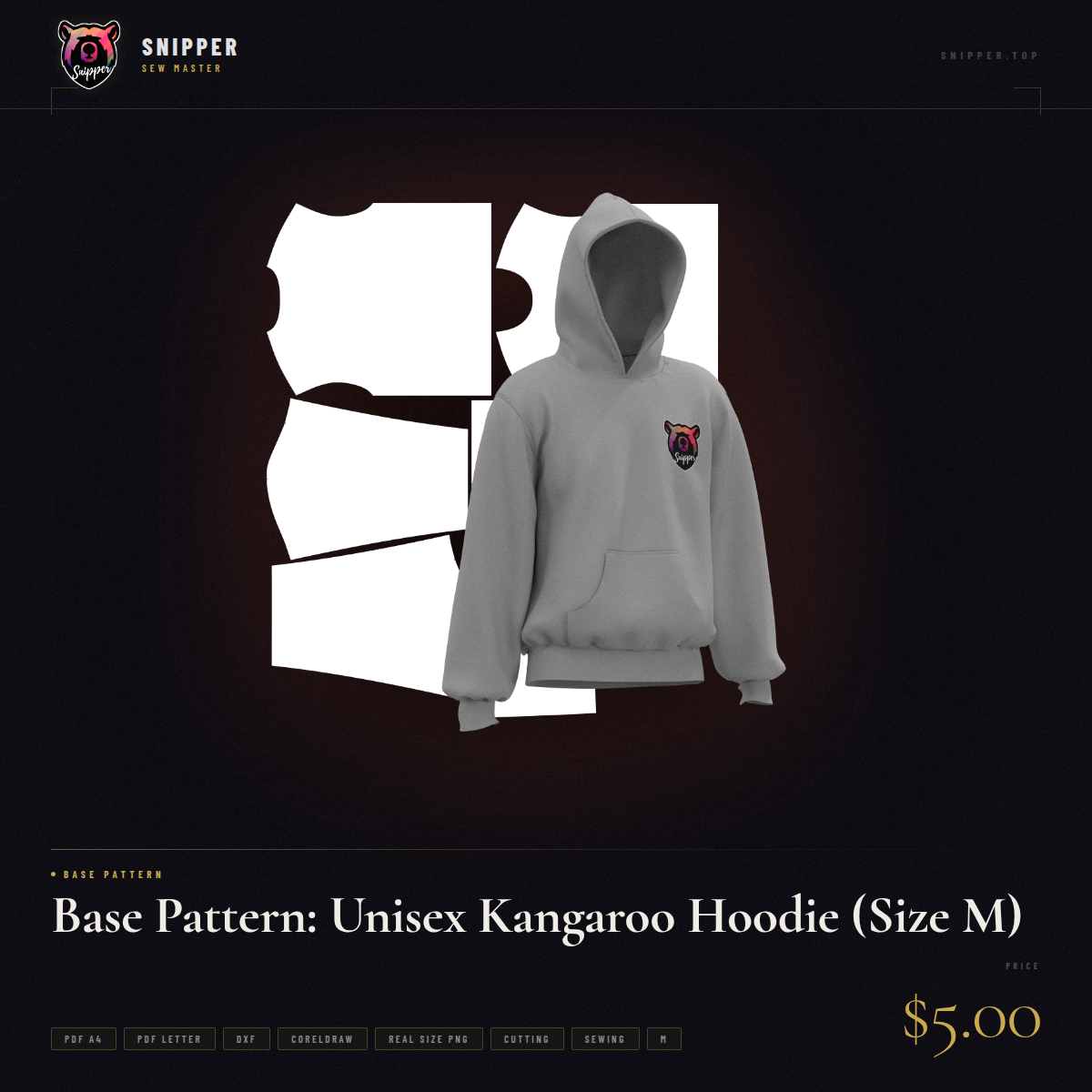 unisex kangaroo hoodie base pattern size m